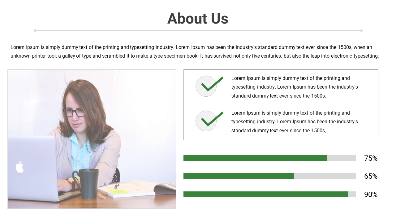White background with left image of woman using laptop, right text with green checkmarks and three progress bars.