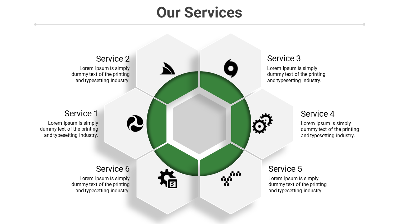 Central green circular ring with six white hexagonal panels, each showing a black icon, arranged in a radial layout.