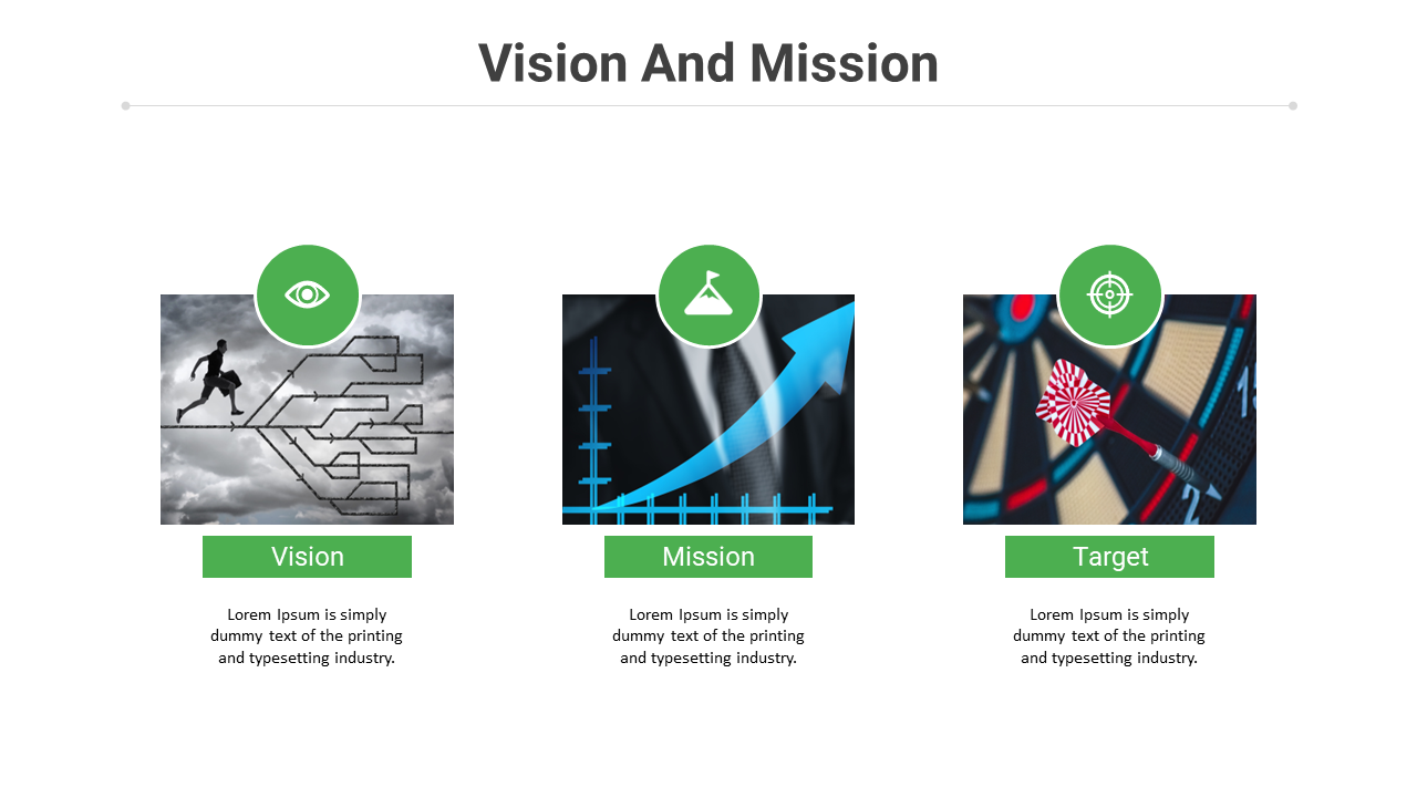 Slide with three green labeled sections, each containing icons and business themed photos for vision, mission, and target.