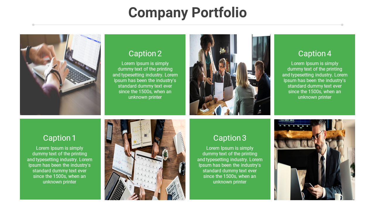 Grid layout with alternating green caption boxes and business-related images under a bold title, on a white layout.