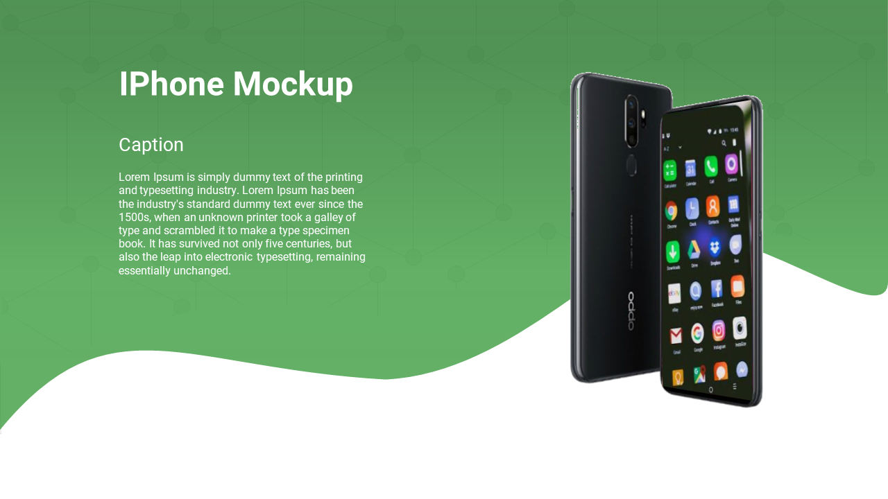 Green background with white wave bottom, and angled black smartphone mockup displaying colorful apps on right.
