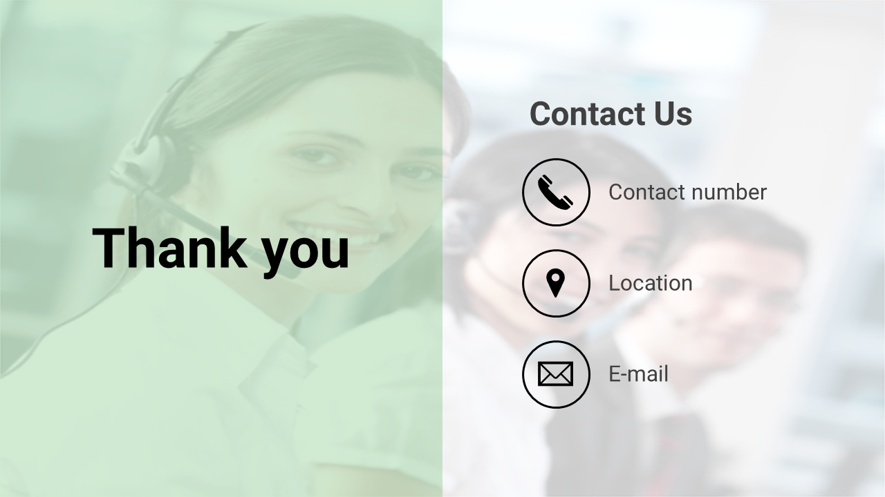 Dual panel design with light green thank you text and right side showing contact icons, over faded business team.
