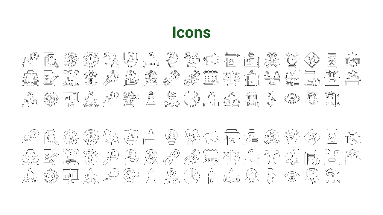 Slide showing two mirrored sets of corporate style icons in outlined and solid formats under a bold green heading.