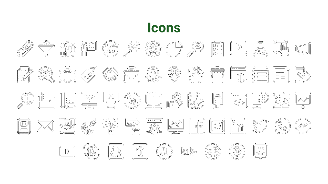 Collection of black outline icons for business, interface, and social platforms, arranged under a centered green title.
