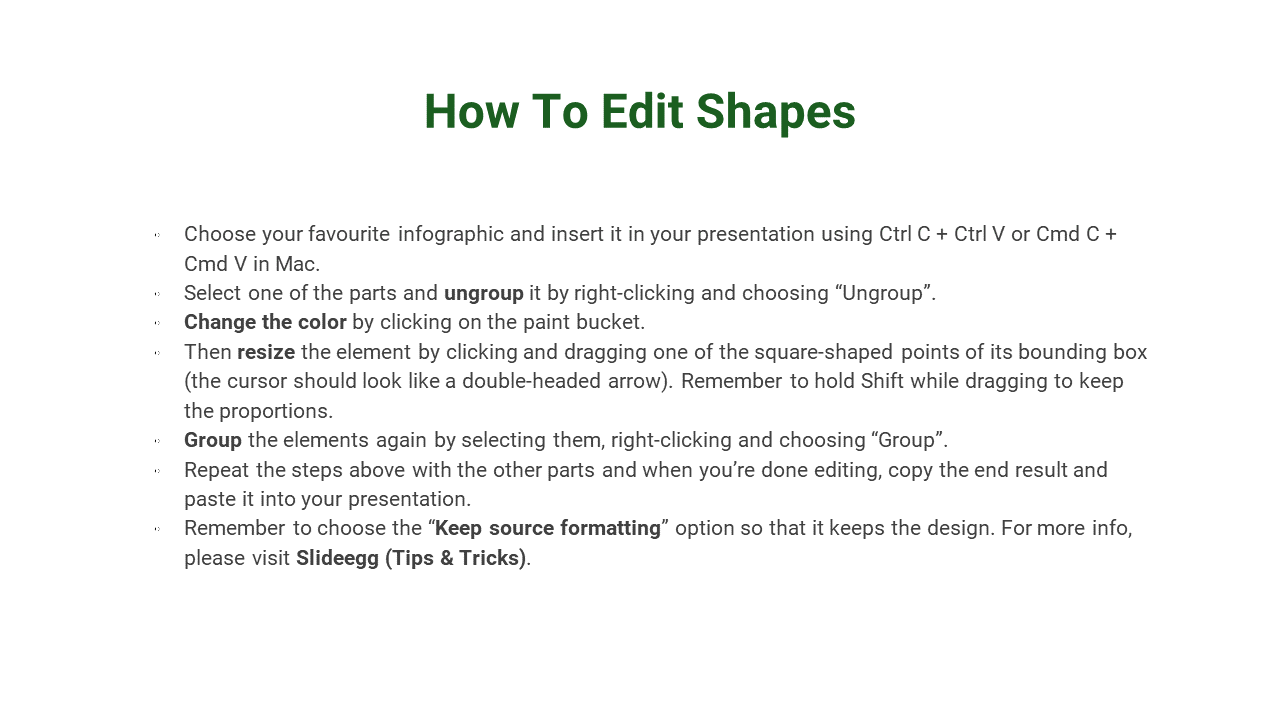 Slide with black text and bullet points outlining shape editing steps, grouped under a bold green title.