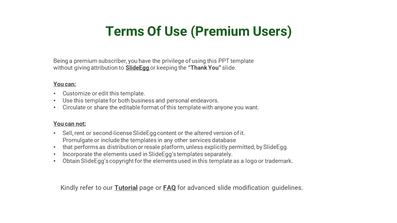 Terms of use slide with bold green heading, usage rights listed in bullet points, and guidance links at the bottom.