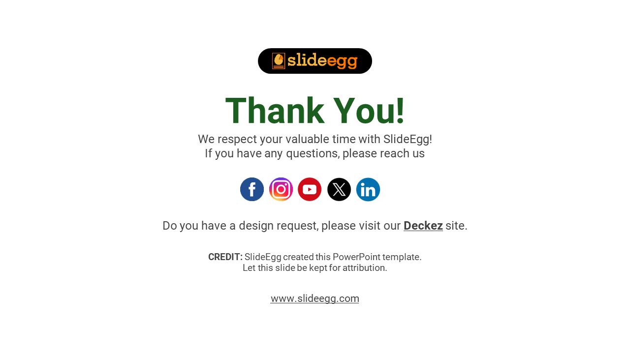 Simple thank you page with centered green title, social links, design credit, and SlideEgg logo on top.