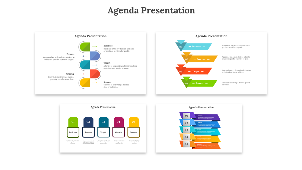 Agenda slide deck featuring colorful and dynamic diagrams like flowcharts, arrows, and funnel designs.