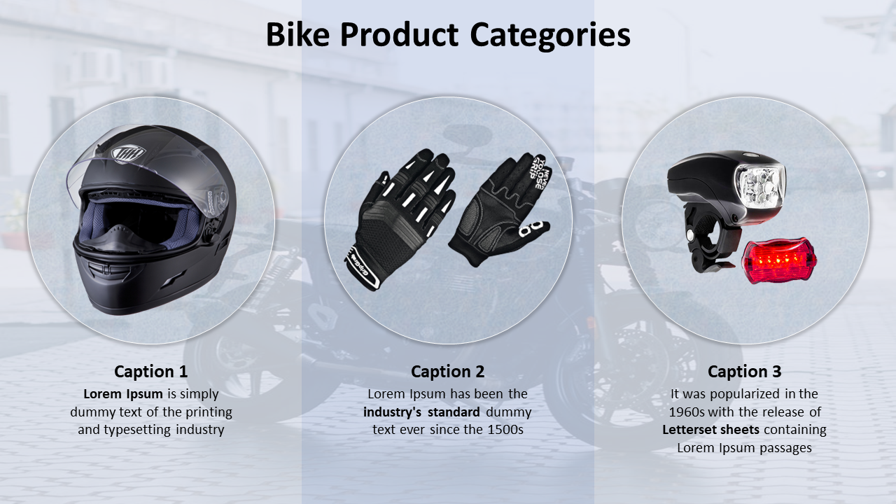Three circular product images of helmet, gloves, and lights, on soft gray background with black title and captions beneath.