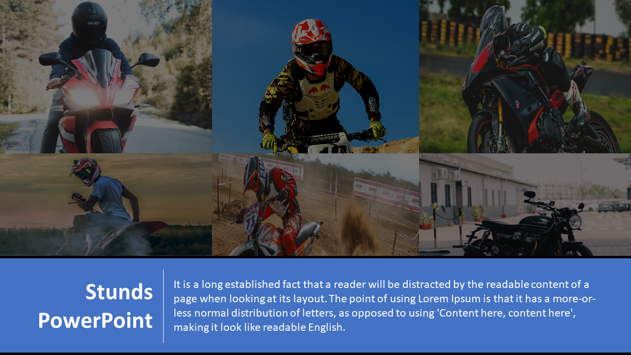 Grid collage of six bike action shots with a blue banner below featuring title and text in a white font.