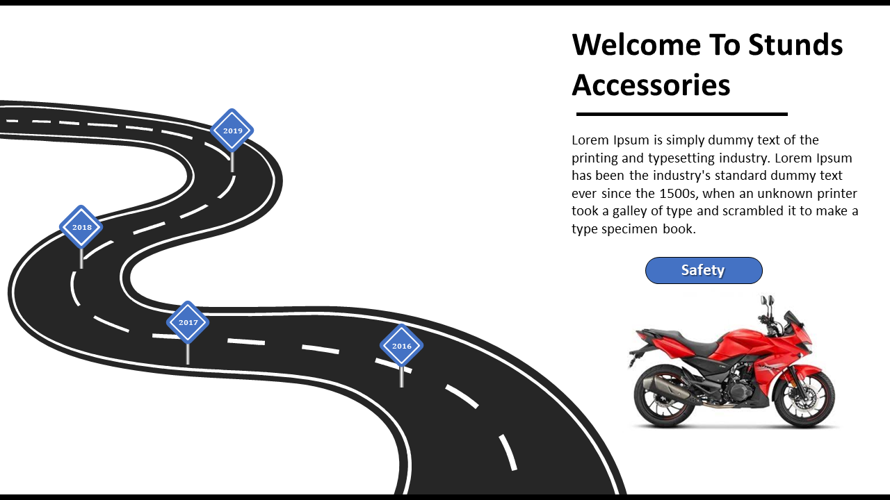 Curved black road graphic with white lanes and four blue diamond year markers, and a red motorcycle on white background.