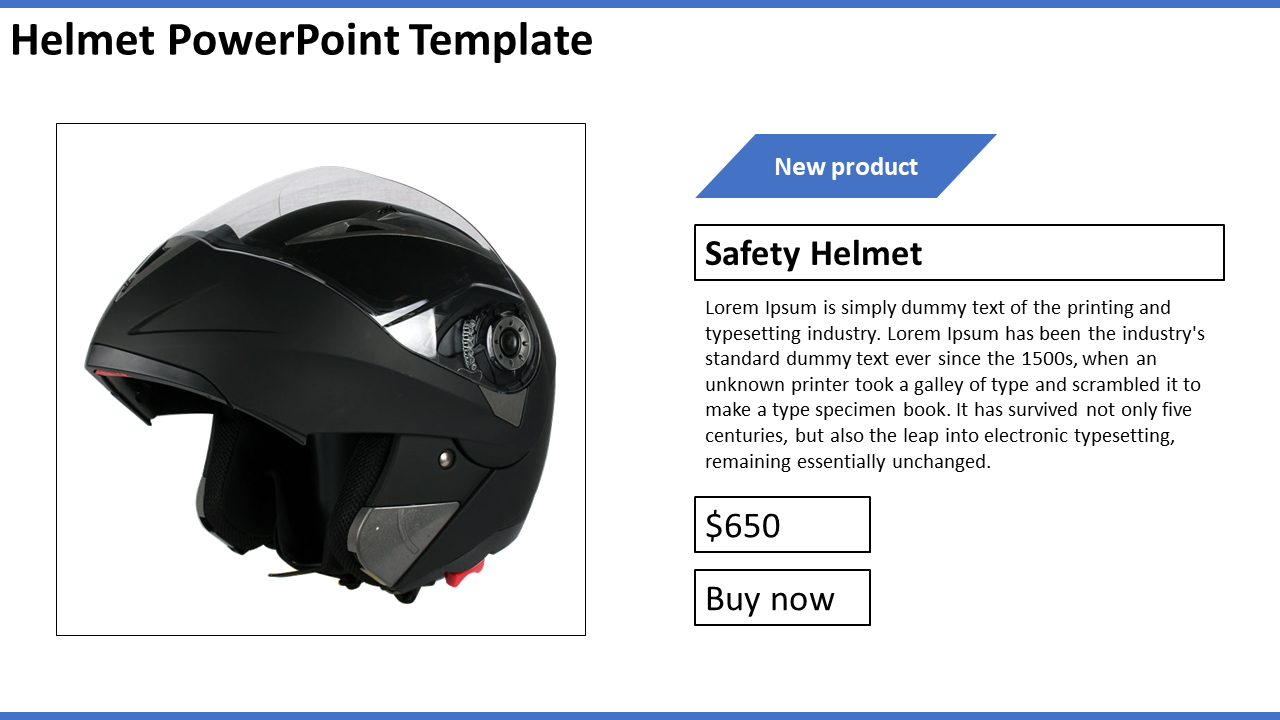 Slide with a large black helmet in a bordered frame, and blue angular ribbon above text section on the right.