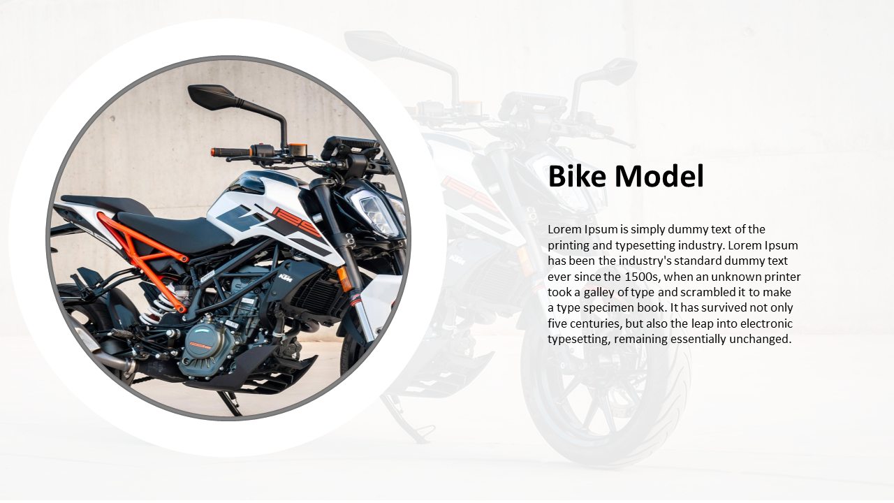 Orange framed KTM motorcycle in circular frame with title and placeholder text on the right, set on a white backdrop.
