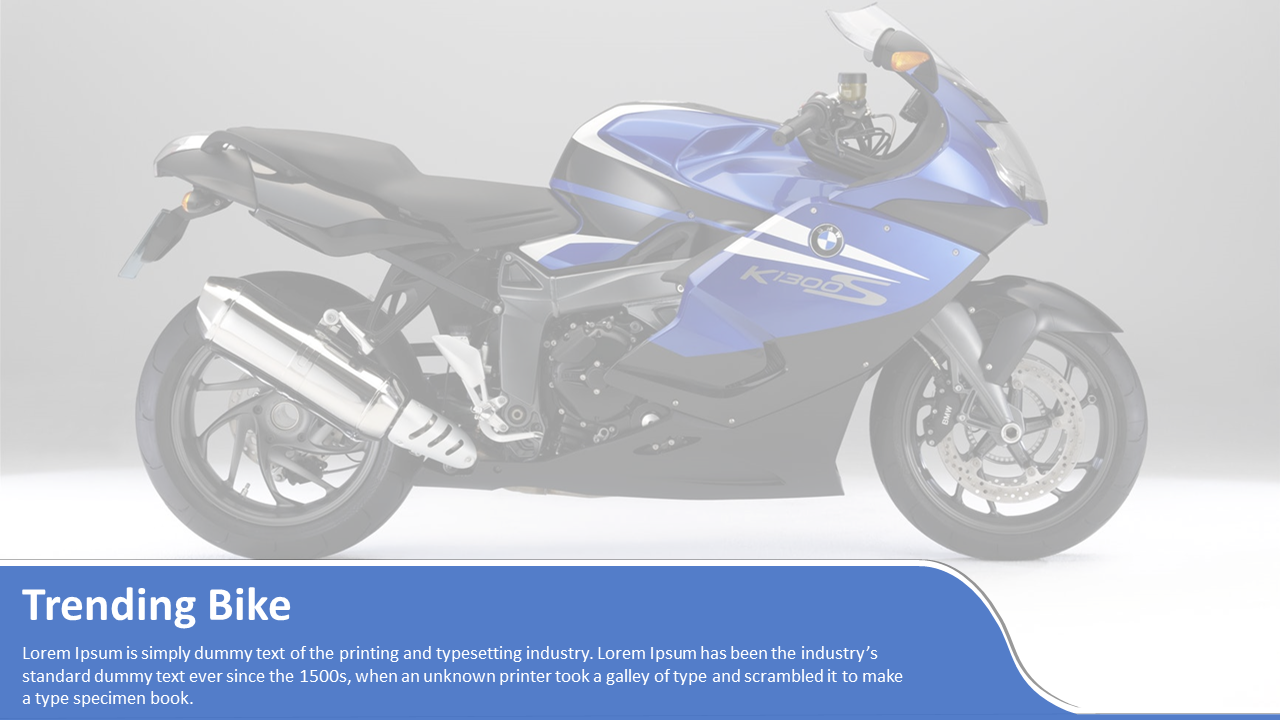 Motorcycle slide featuring a BMW sports bike with a blue curved banner containing white heading and text.