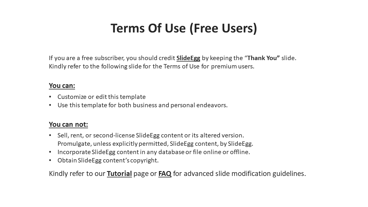 Slide with white background showing terms of use for SlideEgg free users in black text with bold headers and bullet points.