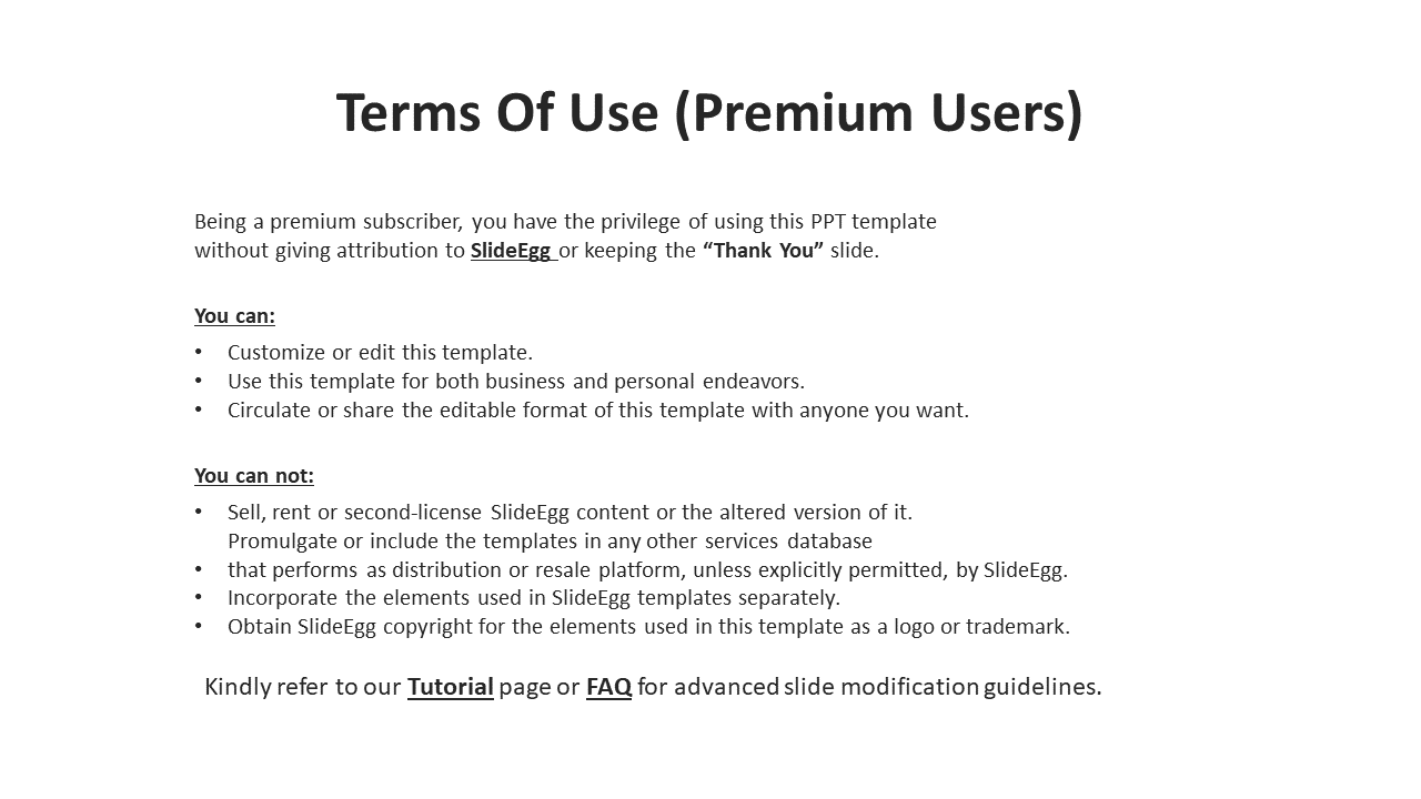 Informational slide on what premium users can and cannot do with SlideEgg templates, presented in a clean format.