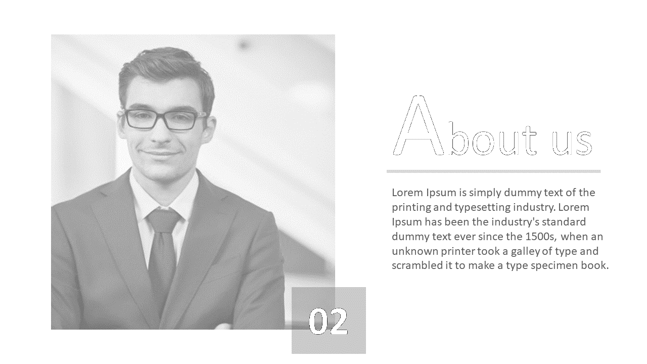 Split layout with grayscale photo of a man in a suit on the left and bold title and text on the right.