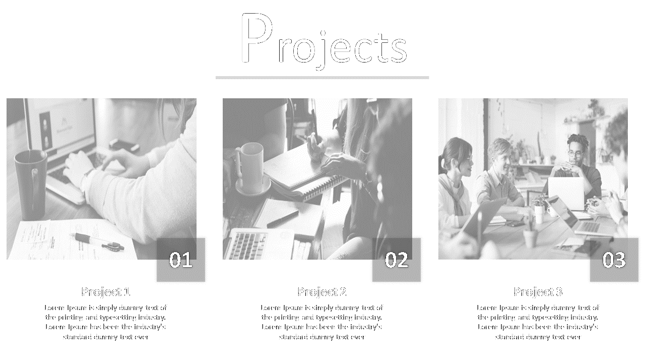Horizontal layout with three grayscale photo cards, each labeled numerically with a title and short text beneath.