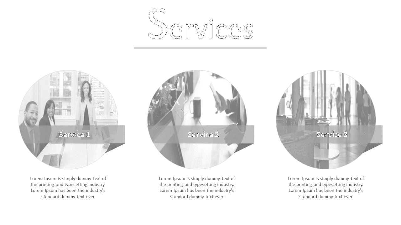 Three circular grayscale photos with semi transparent banners labeled service 1 to 3, on a white background.