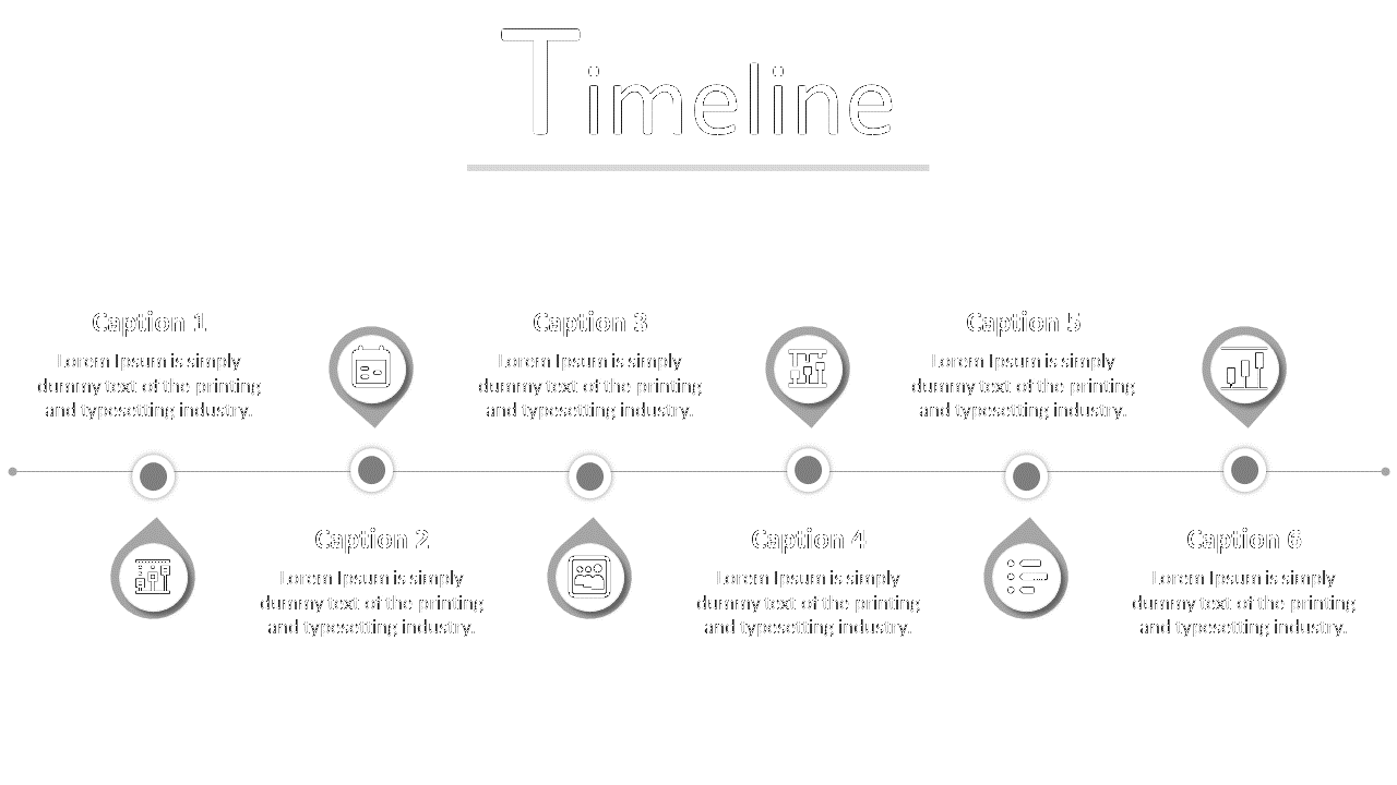 Horizontal timeline with six circular and teardrop shaped markers, alternating above and below a central gray line.