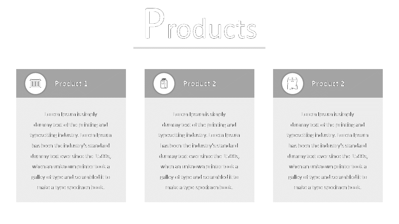 Three column layout featuring product boxes with gray headers showing circular icons, and bold headings on a white backdrop.