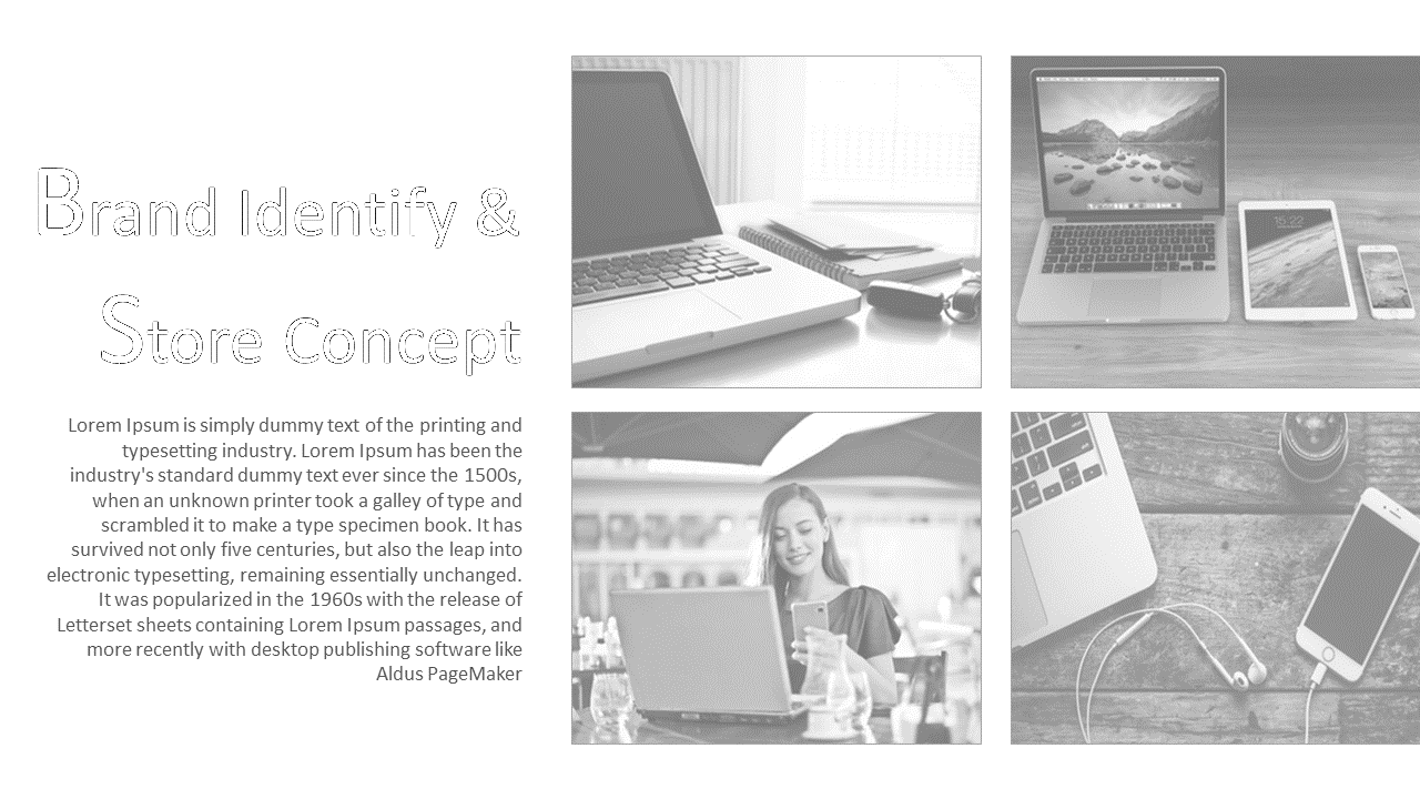 Grid layout with four grayscale laptop themed images on the right, and bold title with text, on a white background.
