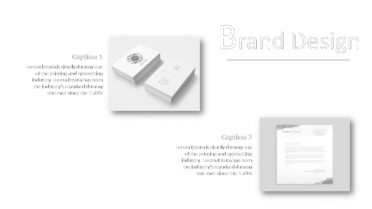 Two grayscale image boxes with stacked white cards and letterhead images, and captions beside, on white background.
