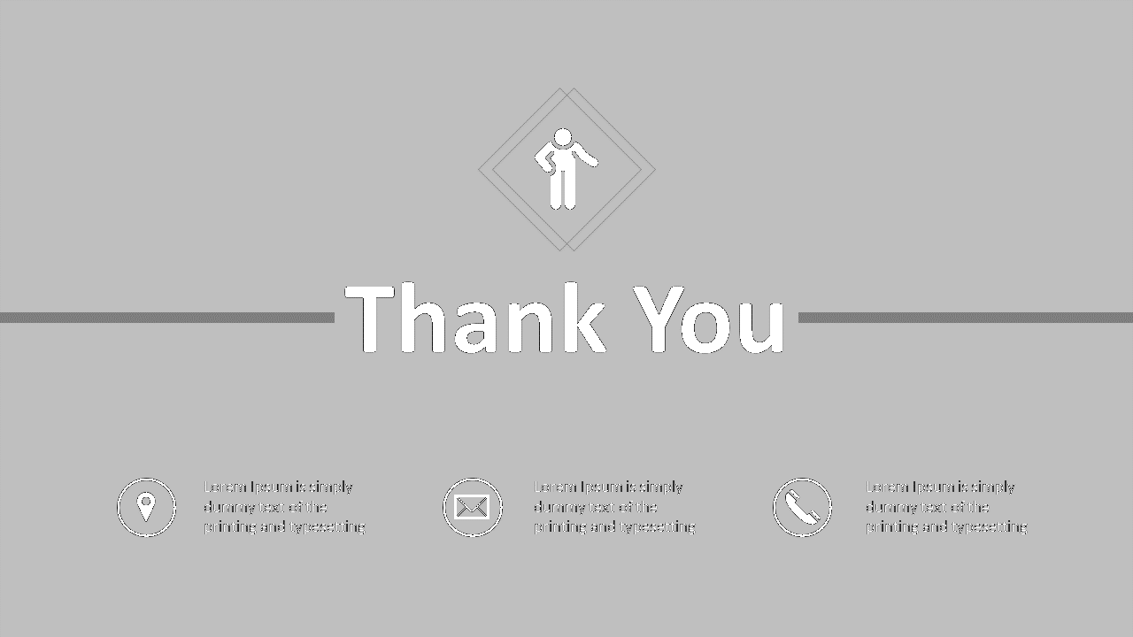 Centered thank you text in bold black font, on a gray background with three contact icons and labels at the bottom.