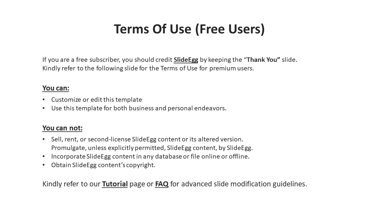 Text based layout detailing what free users can and cannot do with SlideEgg PowerPoint templates in simple format.