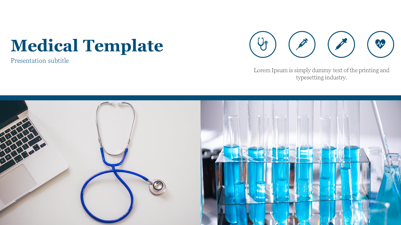 Medical slide with four circular icons and title, and a stethoscope beside a laptop and test tubes with blue liquid below.