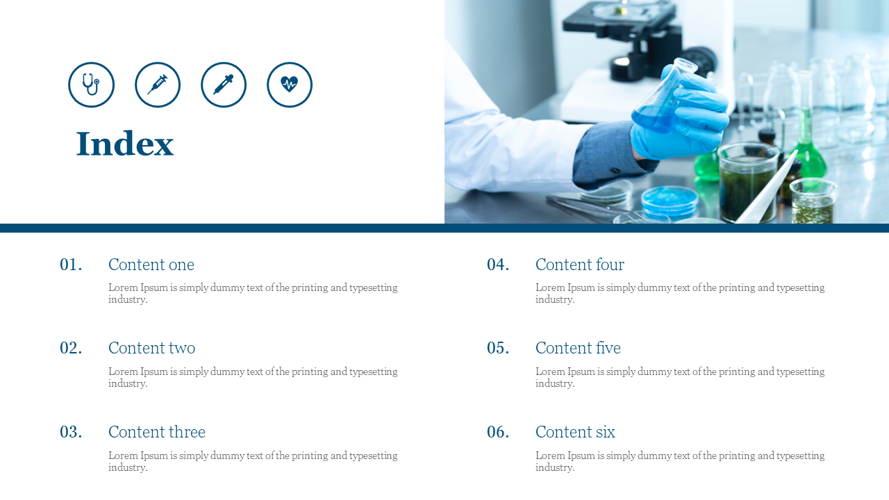 Index layout with four circular icons and gloved hand holding liquid in a lab setting, and six numbered text sections below.