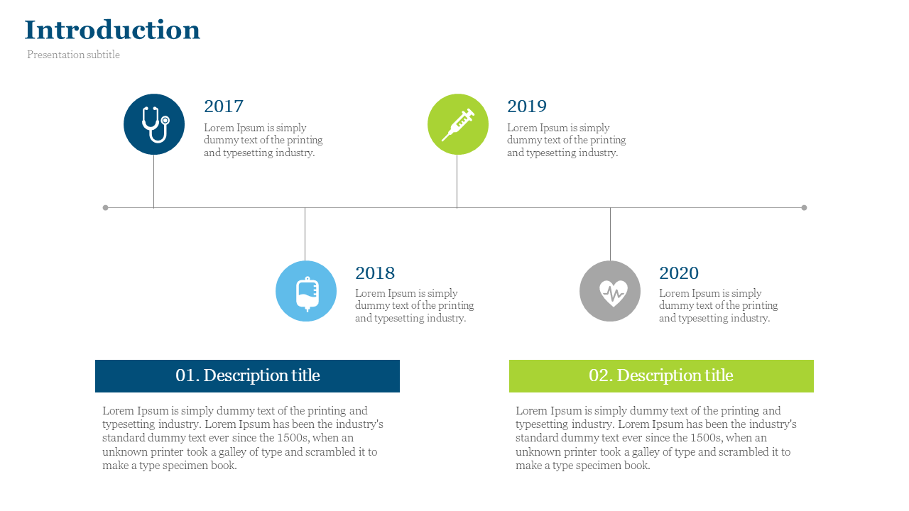 Timeline with blue, green, gray icons showing years from 2017 to 2020, and two colored text boxes at bottom for description.