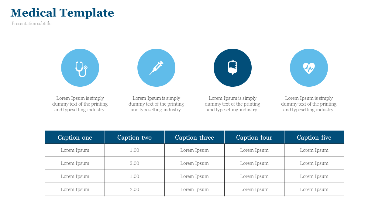 Medical layout with four blue circular icons in a row, connected by a line, and a navy header table with five columns.