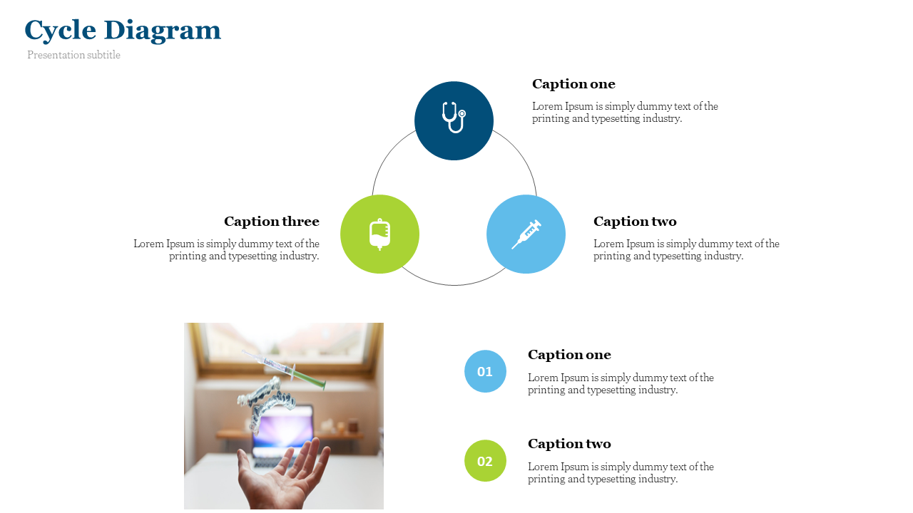 Medical cycle layout with blue, green, and teal circular icons and two captions, plus a hand holding a syringe image below.