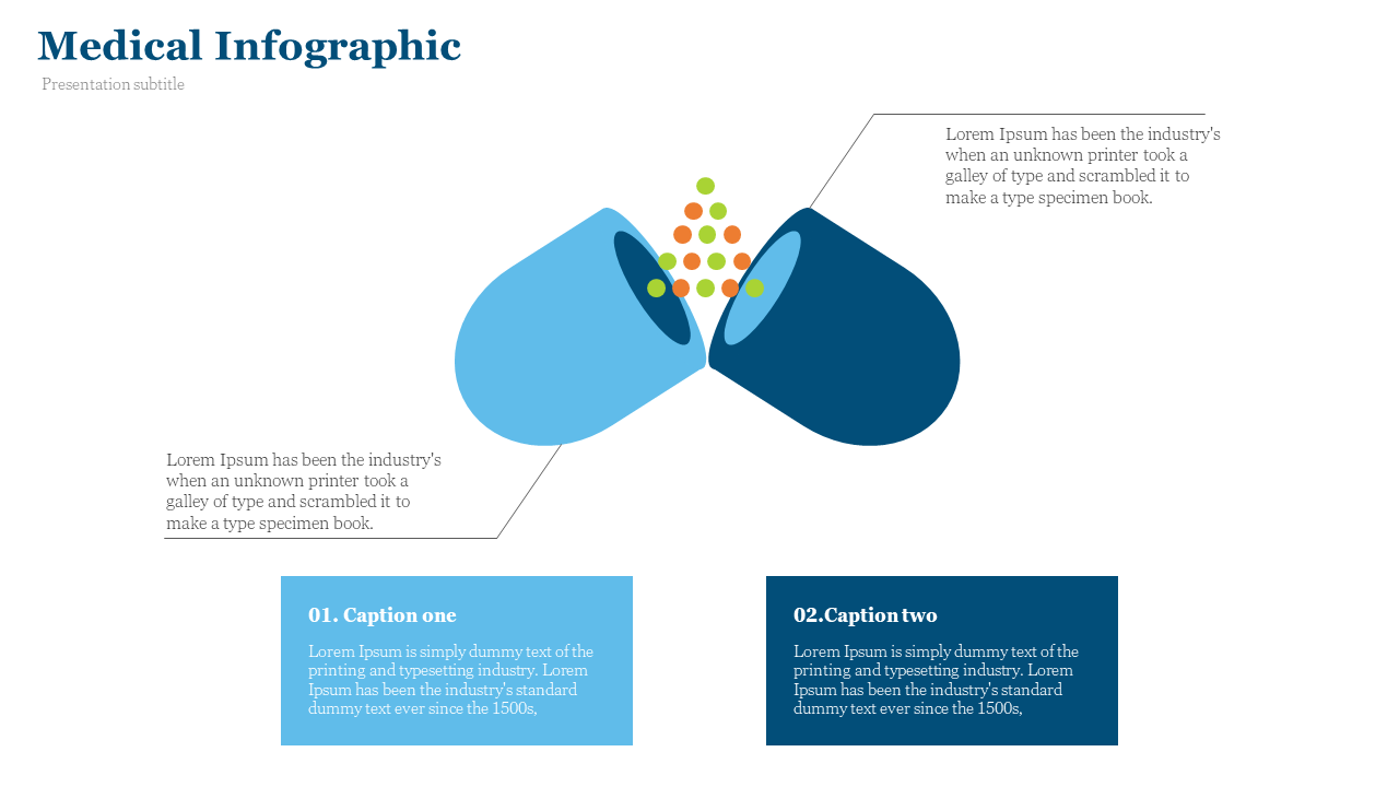 Split capsule illustration with multicolor dots, and two rectangular caption boxes in blue and navy at the bottom.