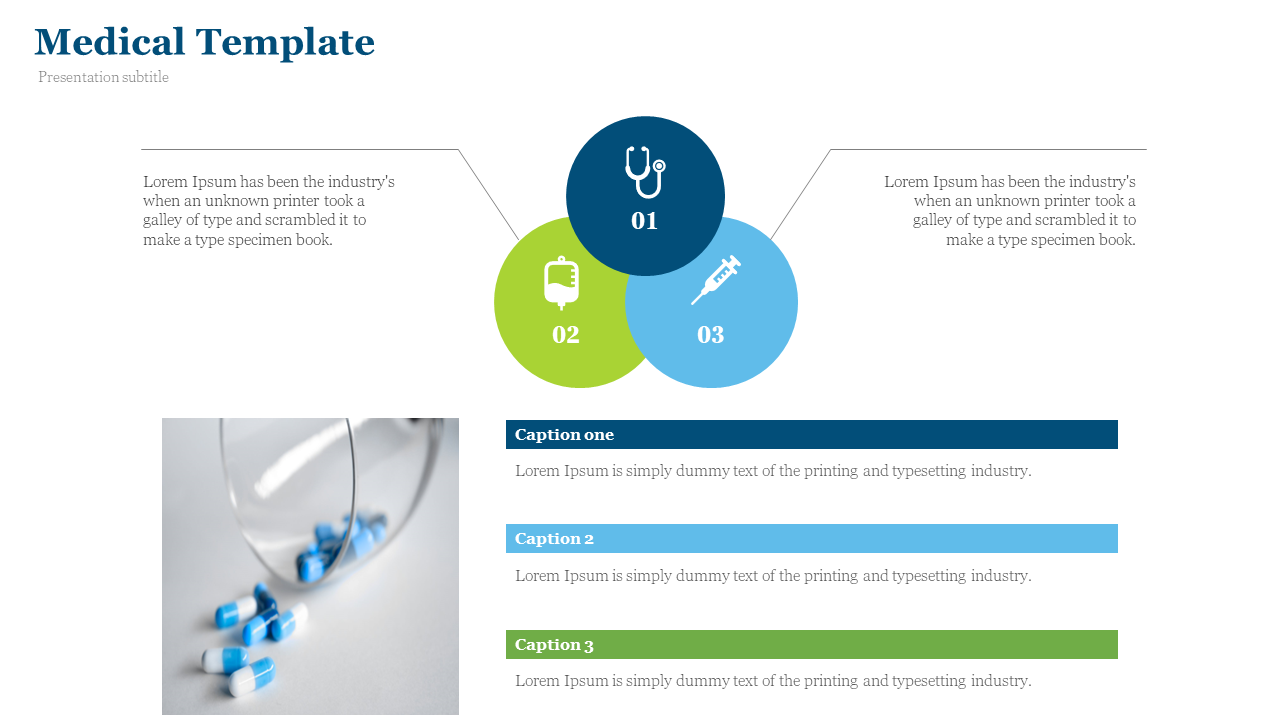 Three overlapping circles in navy, green, and blue with icons and text, and a glass spilling blue capsules.