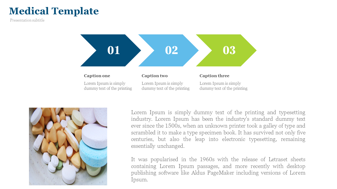 Three right facing arrow shapes in navy, blue, and green above text and a photo of assorted tablets in a bowl.