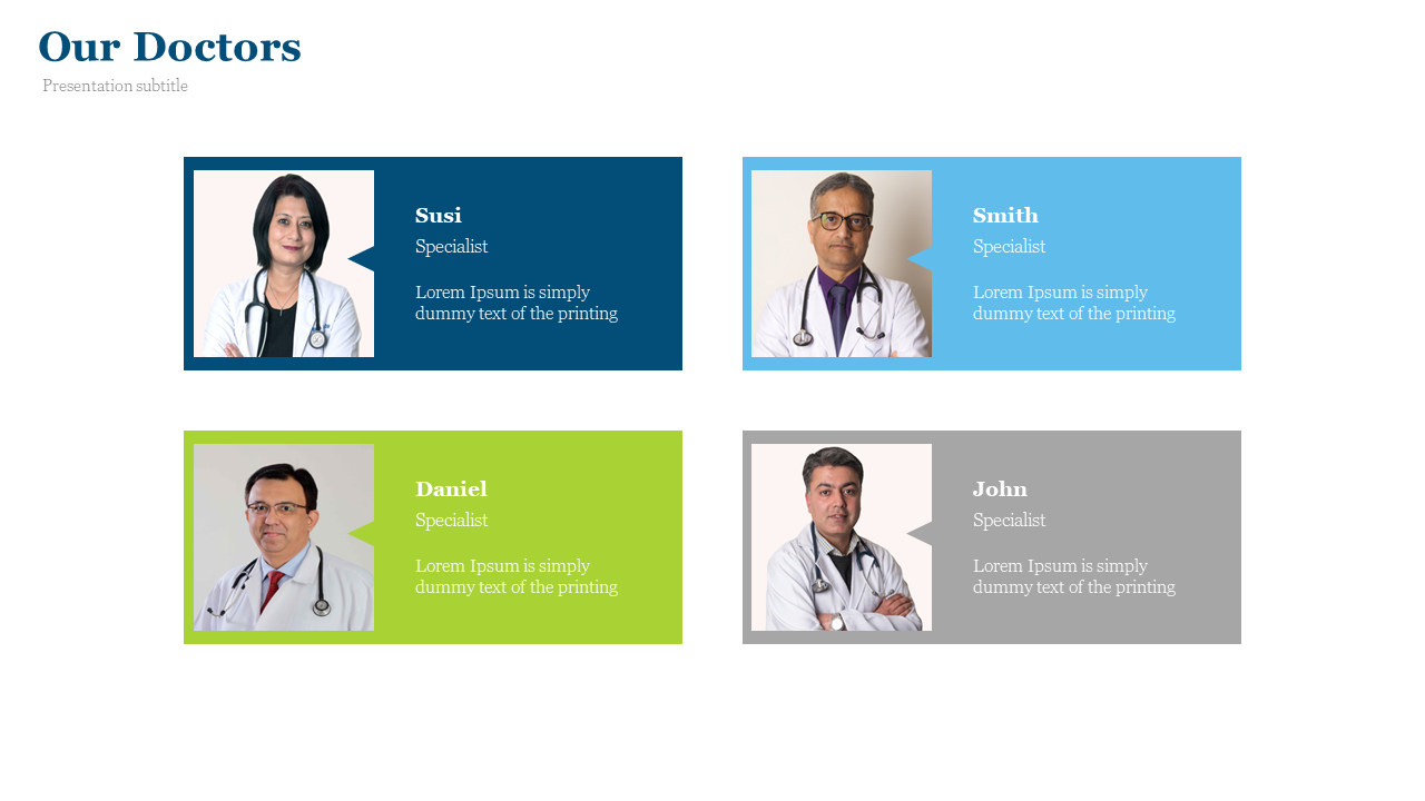 Grid of four doctors with names, specialties, and placeholder text in blue, teal, green, and gray boxes.