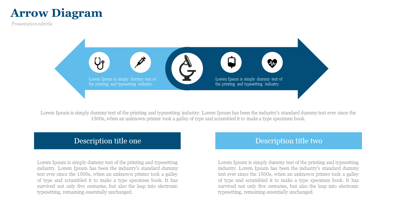 Horizontal bidirectional arrow in shades of blue with circular medical icons and two text boxes below for descriptions.