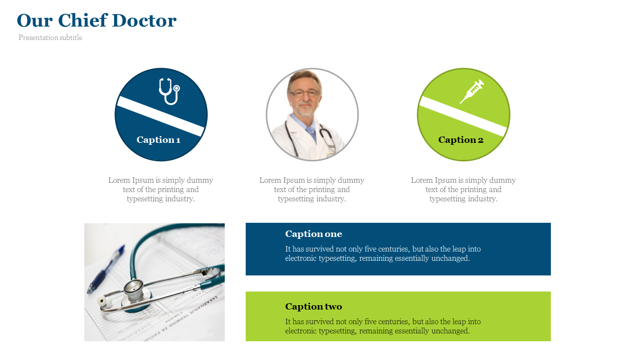 Three circles with icons and centered doctor photo, followed by two horizontal info boxes in blue and green.