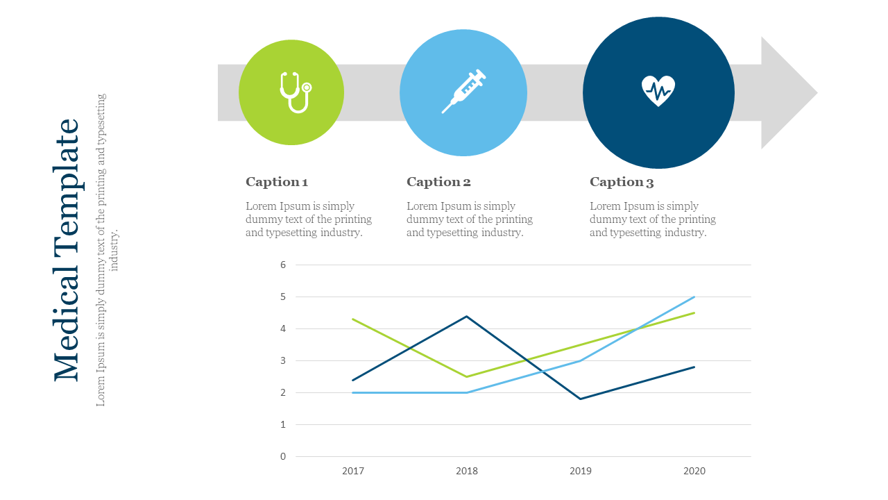 Slide with green, blue, and navy circles showing icons on a gray arrow, ending with a line chart from 2017 to 2020.
