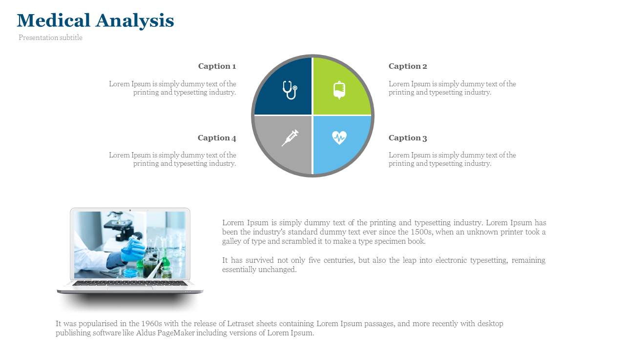 Circular chart split in four with medical icons and captions, supported by a photo of lab testing on a laptop screen below.