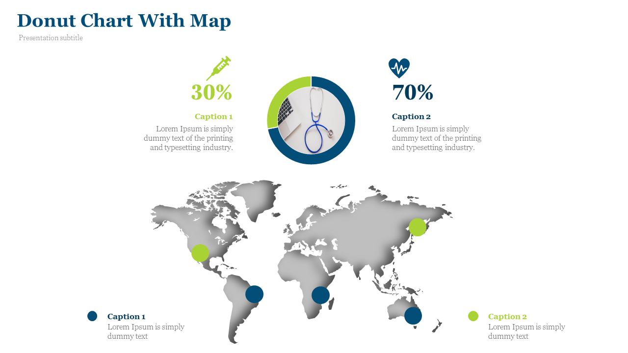 Donut chart with green and blue segments, showing icons and percentages above a world map with matching location markers.
