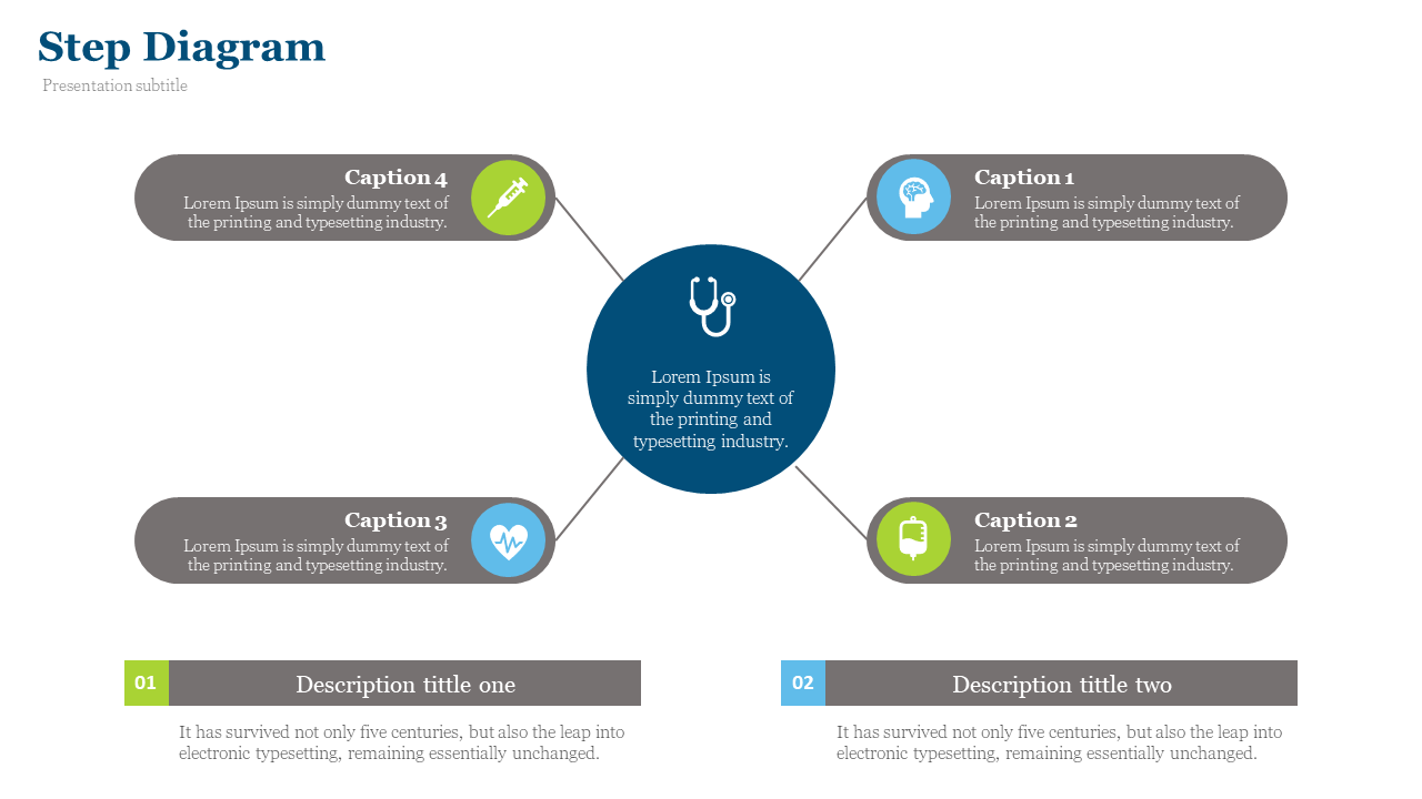 Circular central icon with stethoscope links to four rounded rectangles with medical icons, in blue and green tones.