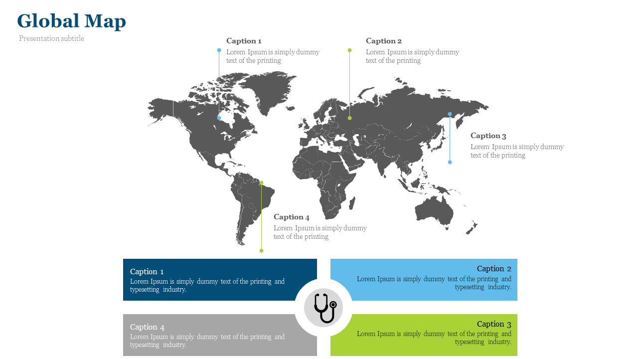 World map in grayscale with colorful pins and four captions connected by blue, teal, green, and gray lines and rectangles.