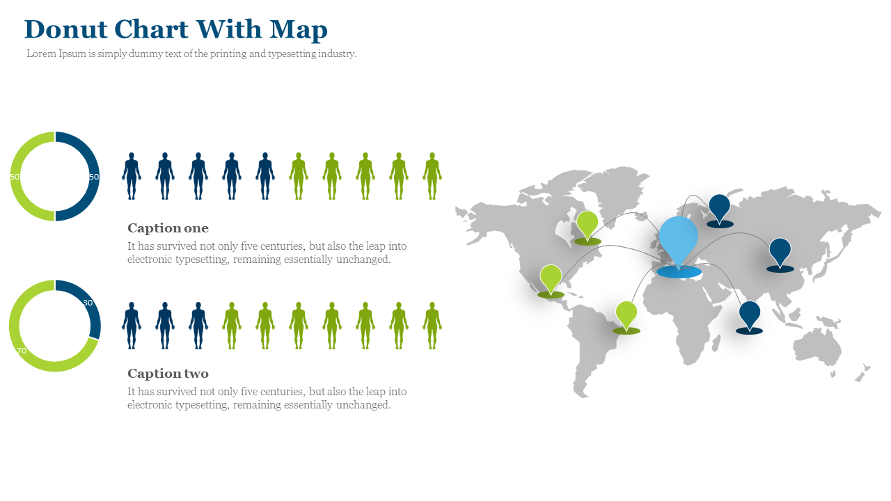 Two donut charts with blue and green segments paired with gender icons and a world map with matching pin markers.