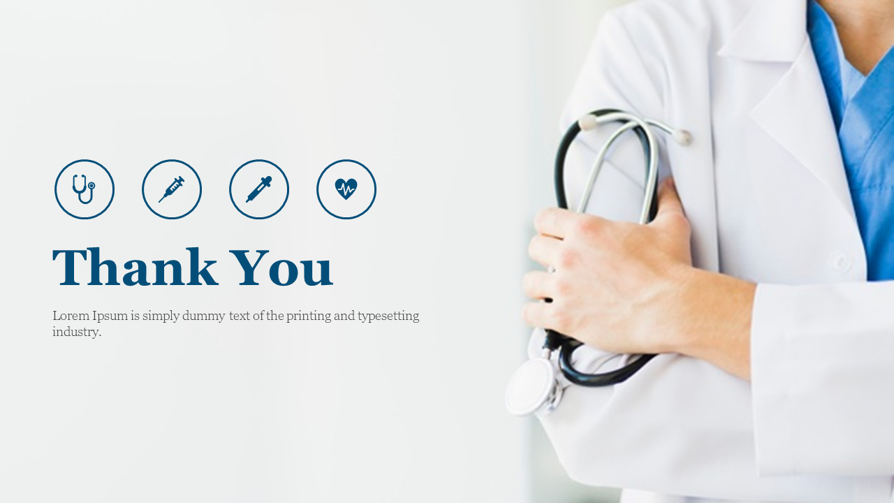Thank you layout with four blue circular contact icons and a doctor in white coat holding a stethoscope.