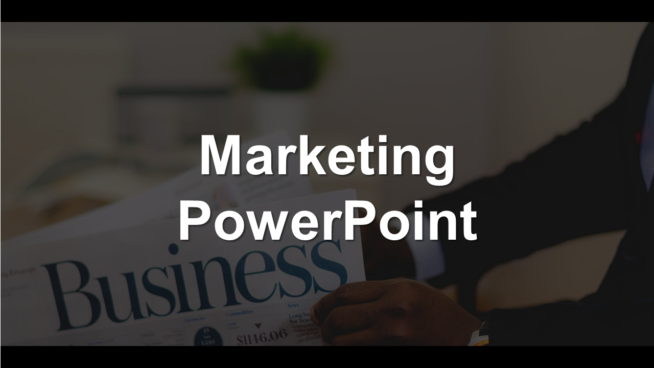 Dark overlay slide with bold white title over a blurred image of a person reading a business newspaper.