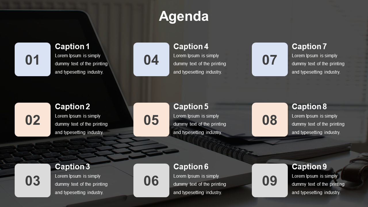 Agenda slide with nine pastel colored blocks, each labeled with a number and caption over a blurred laptop background.