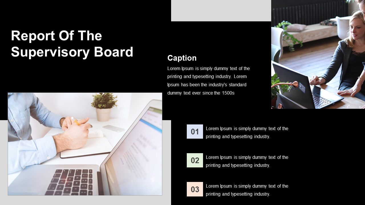 Report layout with a black background, featuring two images of people working, and numbered text blocks in pastel colors.